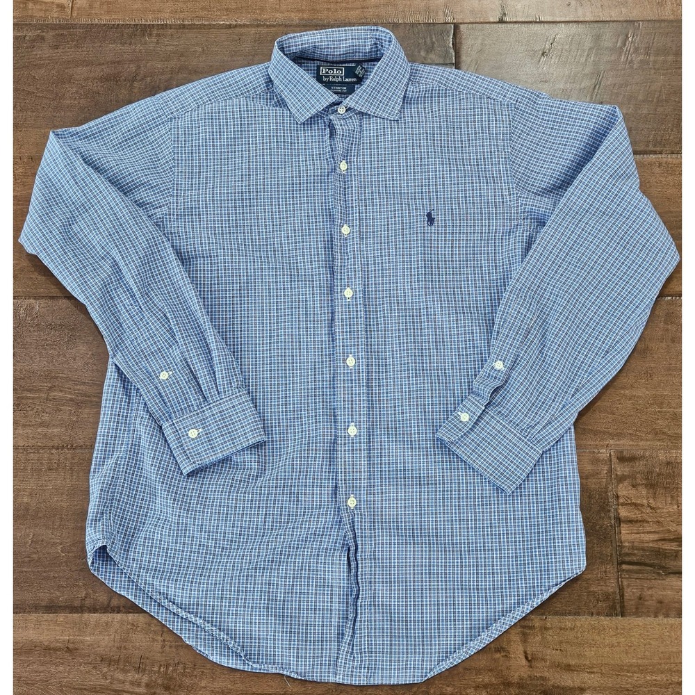 VTG Preppy Polo Ralph Lauren Stanton Classic Fit Blue Micro Check Button Shirt L